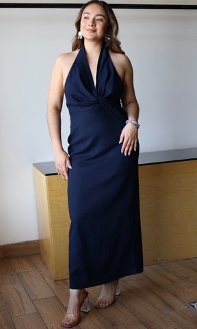 Navy Draped Halter Dress