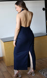 Navy Draped Halter Dress