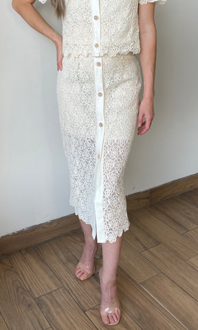 Floral Lace Button-front Midi Skirt