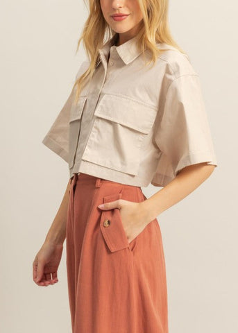 Front Pocket Poplin Crop Collared Shirt